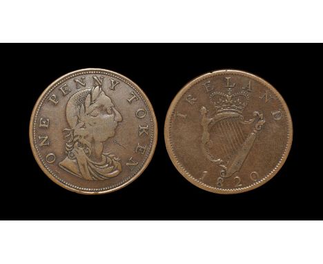 Dated 1820 AD. Obv: profile bust with ONE PENNY TOKEN legend. Rev: crowned harp with IRELAND legend and date below. Davis 42.