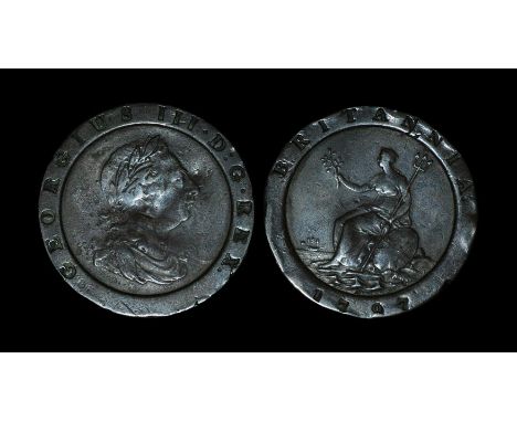 Dated 1797 AD. Obv: profile bust right with GEORGIUS III D G REX incuse legend. Rev: Britannia seated left with BRITANNIA 179