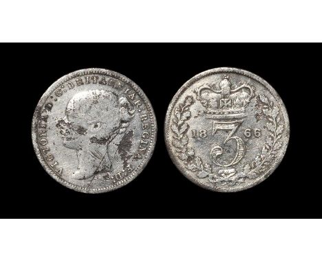 Dated 1866 AD. Type A4. Obv: profile bust with VICTORIA D G BRITANNIAR REGINA F D legend. Rev: crown over 3 dividing date at 