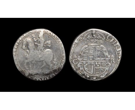 1643-1644 AD. Type 6. Obv: king riding with EBOR below and CAROLVS D G MAG BRIT FRE ET HIB REX legend and 'lion' mintmark. Re