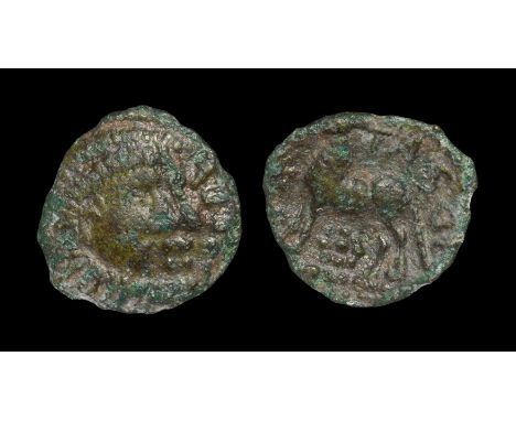  25 BC-10 AD. Obv: jugate profile male busts with [V]eri before. Rev: ram left with TASCI above, pelleted rosette before and 