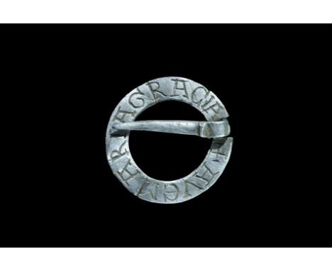  14th century AD. A silver ring brooch with D-section pin, inscribed in Lombardic lettering '+AVEMARIAGRACIA' (Hail Mary [ful