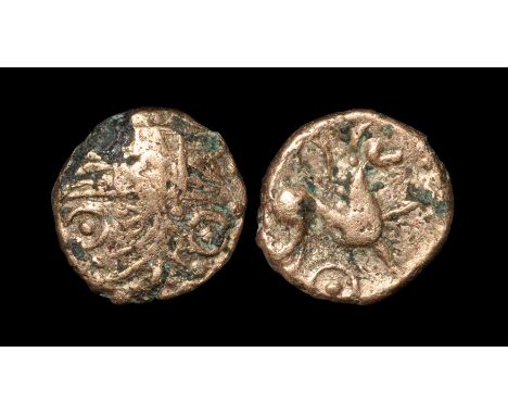  30-10 BC. Obv: branch motif. Rev: horse right with large open trefoil above and pellet-in-annulet below. S. 430; BMC 3436; A