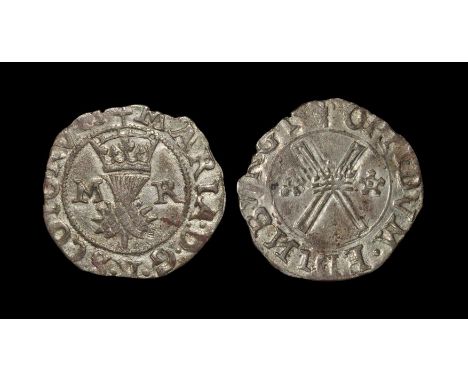  1542-1558 AD. First period, class VIci. Obv: crowned thistle with initials M - R at sides and MARIA D G SCOTORVM legend. Rev