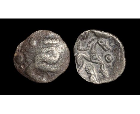  50-30 BC. Obv: eagle standing left, snake in beak with beaded ring below. Rev: small annulate horse right with beaded mane, 