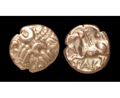  20 BC-10 AD. Obv: crossed wreaths with two crescents at centre with V E R and teardrop in angles. Rev: horse left with bucra