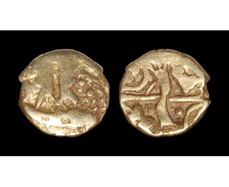  55-45 BC. Obv: stylised boat with two standing figures, pellets to right. Rev: cruciform thunderbolt motif with symbols in a