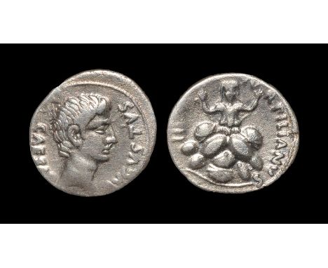  19-18 BC. Rome mint. CAESAR AVGVSTVS legend with bare head right. Rev: R TVRPILIANVS III VIR legend around Tarpeia facing, b