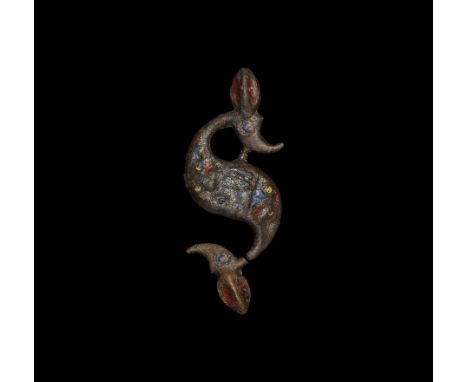  1st-2nd century AD. A D-section cast miniature brooch with s-shaped body, scaphoid head joined at the chin and similar tail;