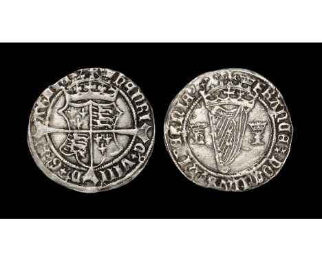 1536-1537 AD. First harp issue. Obv: long cross over crowned arms with HENRIC VIII D G REX ANGL legend and 'crown' mintmark. 