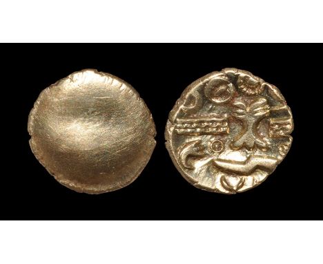  45-40 BC. Obv: almost plain, slight banding. Rev: tree with six branches and three roots, decorated bar each side, pellet-in