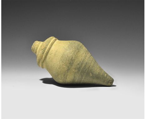  9th-11th century AD. A hollow ceramic vessel with domed top and conical base, radiating incised lines to the shoulder, wide 