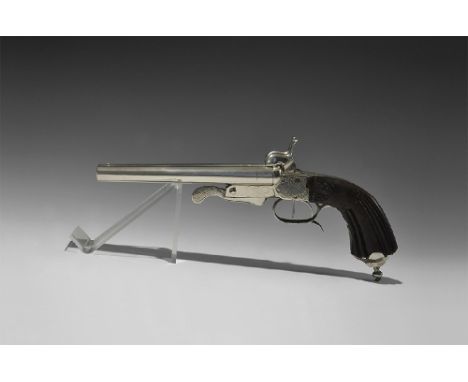  19th century AD. A double-barrelled 24 bore (0.579, 14.7mm) pistol with side-by-side 193mm barrels showing Liège proof marks