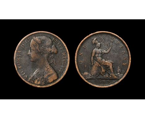  Dated 1869 AD. Bronze issue, dies 6/G. Obv: profile bust with VICTORIA D G BRITT REG F D legend. Rev: Britannia with ONE PEN