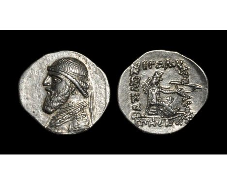  123-88 BC. Ecbatana mint. Obv: medium bearded bust left wearing diadem and torque. Rev: BASILEWS MEGALOY ARSAKOY EPIFANOYS l