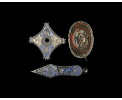  2nd century AD. A mixed group of Romano-British plate brooches and a mount comprising: a shoe-shaped brooch with blue enamel