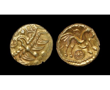  55-45 BC. Obv: wreath pattern with two large pellest behind and a hidden face. Rev: triple-tailed horse with charioteer's ar