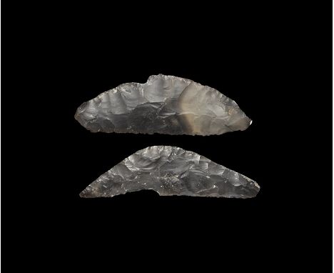  Neolithic, 4th-2nd millennium BC. A group comprising two plano-convex bifacial knives in a translucent grey-brown flint. 113