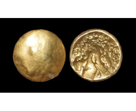  55-45 BC. Obv: breast-like, rounded with small, offset 'nipple'. Rev: complex design with inverted Y-shaped symbol at centre