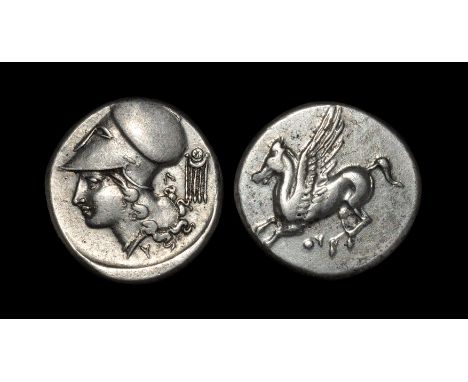  350-250 BC. Obv: Pegasus flying left; QY below. Rev: head of Athena left, in Corinthian helmet, L and earring with pendents 