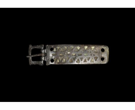  1st-2nd century AD. A bronze buckle and accompanying plate, the plate pierced for mounting and with triangular and rectangul