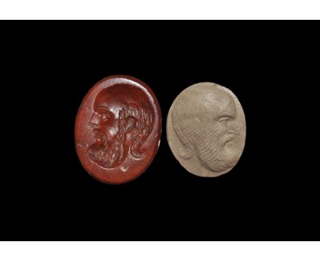  1st century AD. A discoid carnelian plaque with intaglio portrait of a bearded philosopher, possibly Diogenes the Cynic. 1.6