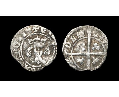  1412-1413 AD. Light coinage. Obv: facing bust with slipped trefoil on breast and +HENRICVS REX ANGLIE legend. Rev: long cros