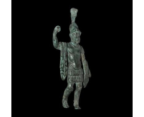  1st-2nd century AD. A bronze figure of Mars with beard, wearing Corinthian helmet with large plume, right arm held up and or