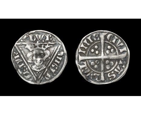  1279-1302 AD. Second coinage, class 1b. Obv: facing bust in triangle with trefoil of pellets on breast and .EDW.R.ANGL'. DNS