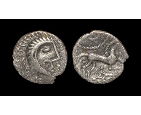  30-10 BC. Obv: male head right with ear of corn behind and pellet trefoil below. Rev: horse right with 'kite' and beaded arc