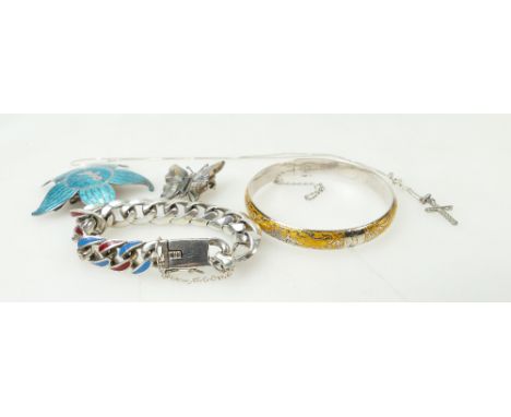 Silver coloured metal jewellery stamped sterling / .925 including heavy silver bracelet, bangle & large brooch all with ename