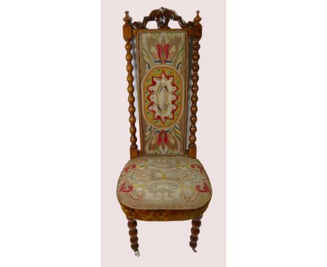 19th century carved walnut &amp; tapestry prayer chair with bobbin twist sides