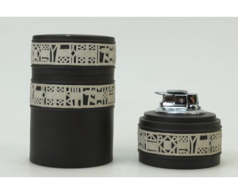 Wedgwood black &amp; white jasperware jar &amp; cover and matching table lighter (2)