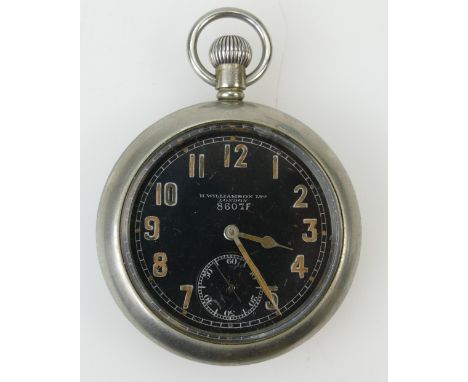 H Williamson Ltd London military pocket watch with black dial and seconds dial, rear of the case marked 8607F with broad arro