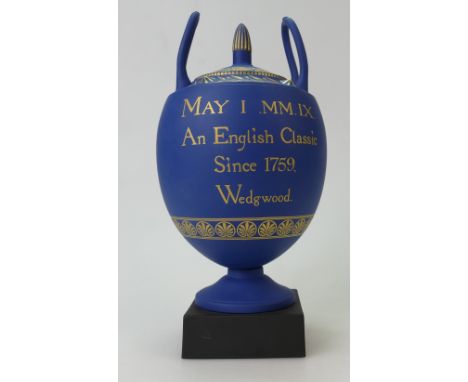 Wedgwood & Bentley prestige First Days two handled vase gold on blue jasper. Boxed, limited edition of 50. 27.5cm height