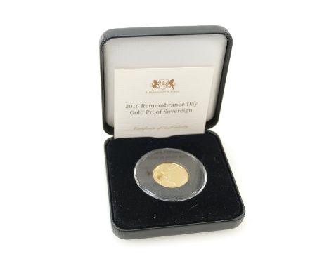 TDC (Tristan Da Cunha) 2016 Remembrance Day 22ct gold proof sovereign coin 8g. Limited edition 499. Box &amp; COA