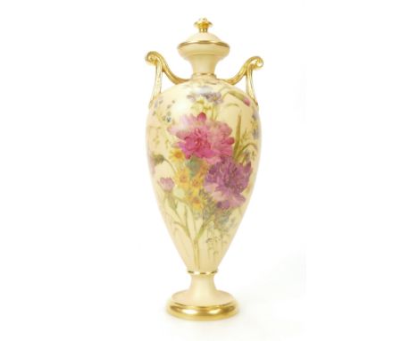 Royal Worcester blush hand painted vase with fixed lid, 24cm high.