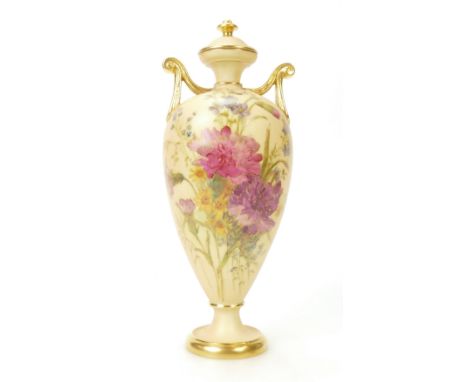 Royal Worcester blush hand painted vase with fixed lid, 24cm high.