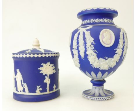 19th century Jasperware blue &amp; white vase decorated with oval pink portrait panels, height 22cm (missing cover) and simil