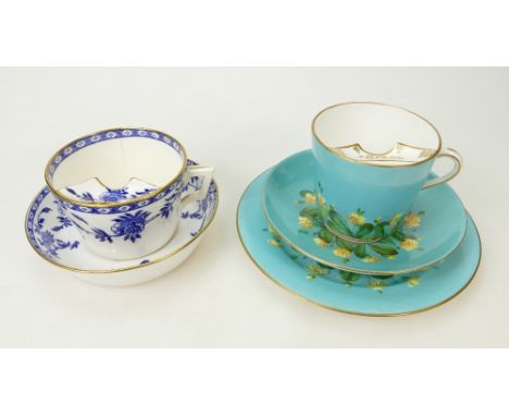 Doulton Burslem trio with moustache cup decorated with flowers and a Mintons Delft moustache cup and saucer (5)