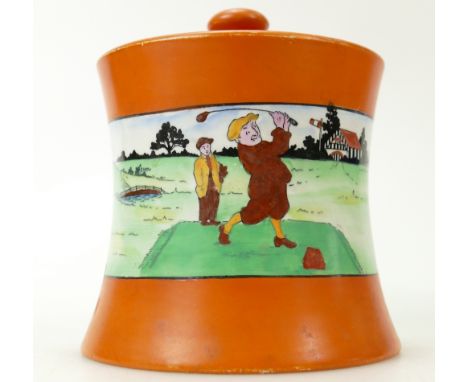 Carltonware jar &amp; cover decorated with comical golfing scenes, diameter 11cm