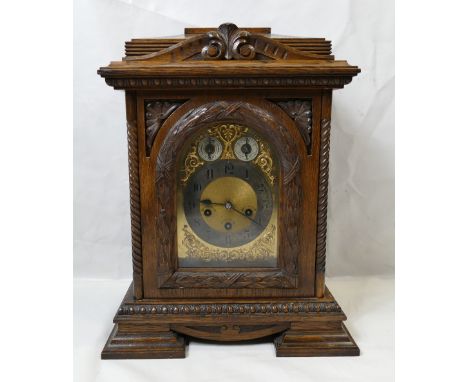 Large carved oak architectural three train movement bracket clock, movement marked 'Junghans' (45cm height x 20cm depth x 35c