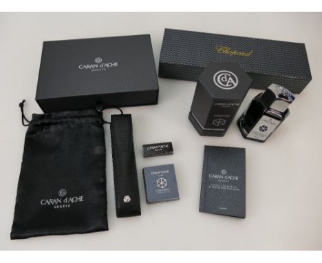 Chopard ballpoint pen "Classic Racing Collection", Caran d"Ache Geneve leather pen case, cartridge set and Cosmic black ink s