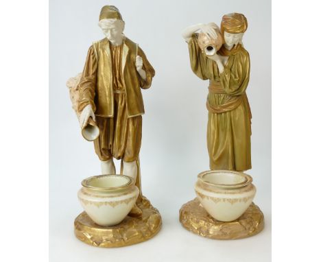 19th Century large blush ivory Worcester water carrier figures pair, Puce mark to base, height 42cm (2)