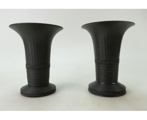 Pair of Wedgwood black basalt vases, England, early 20th century, engine-turned bands, height 15.5cm (2)