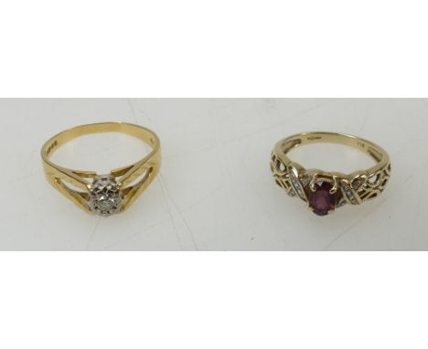 18ct diamond single stone ring P, together with 14ct ruby, or similar stone & diamond ring M - weights 2.9g & 2.4g (2) 