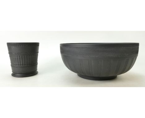 Wedgwood black basalt footed fruit bowl, 20th century, engine-turned bands, diameter 22.5cm and small similar vase inscribed 