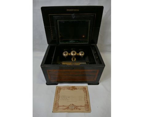 19th Century musical box, playing with four airs on three bells (1 tooth missing from comb, winds and plays, although in need