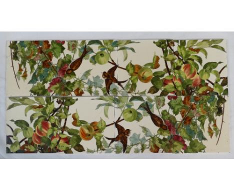 A Doulton Lambeth tile panel handpainted with fruit, birds and foliage, comprising eight 20 x 20cm tiles (one tile broken and