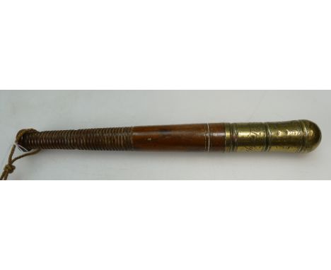 Tipstaff/truncheon, brass with wooden handle, inscribed J Wright Derby 1831, 30cm.